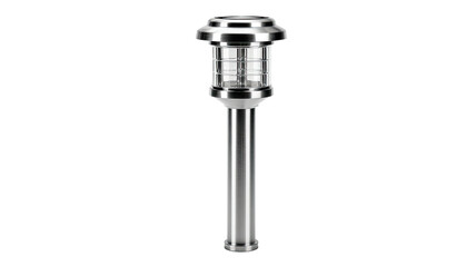 Modern chrome solar path light, cylindrical stake, clear ribbed lamp, for outdoor garden illumination