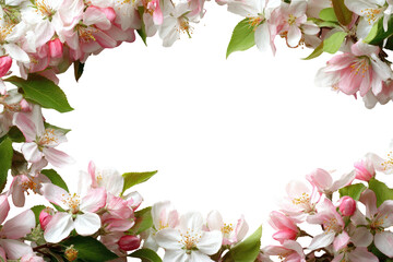 Vibrant frame of delicate pink and white blossoms and green leaves encircling a dark center