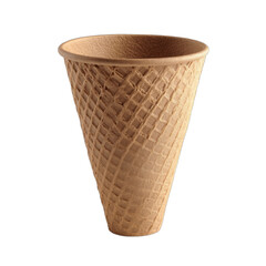 A textured, light brown waffle ice cream cone on a black background