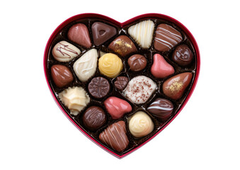 Open heart-shaped red box filled with a rich assortment of gourmet chocolates and treats