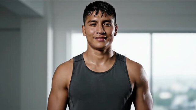 Confident and strong fitness male with glowing, healthy skin, reflecting the dedication and effort put into his workout, showcasing athletic prowess
