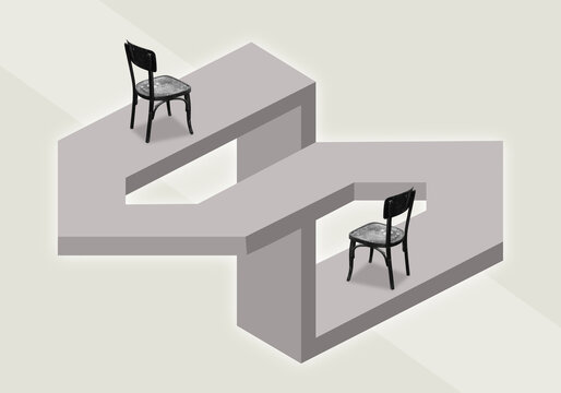 Collage with a old chairs standing on impossible figure