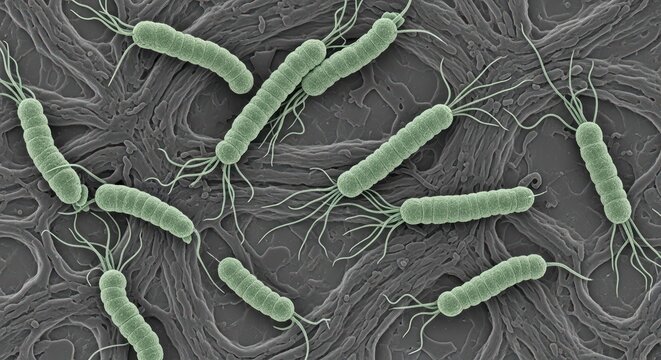 Selective False Color IA-SEM Micrograph of Spiral Shaped Helicobacter Pylori with Unipolar Flagella