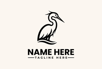 A minimalist illustration of a heron logo with placeholder text on a clean white background, featuring a stylized bird design and customizable name and tagline.