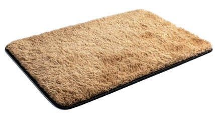Rectangular plush mat with tan shag fibers & black edge