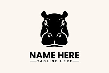 A black vector illustration of a hippopotamus head logo with a placeholder name and tagline on a beige background.