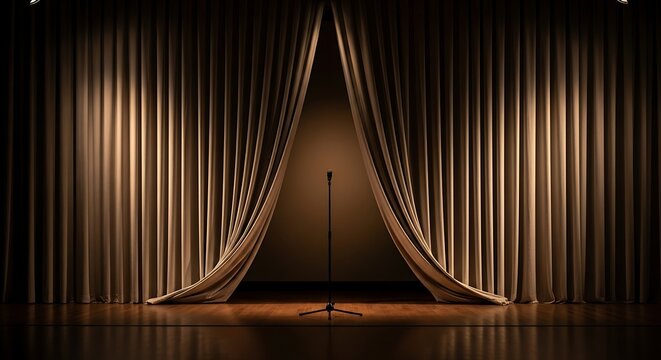 Illuminated stage curtain opening with microphone centered showcase