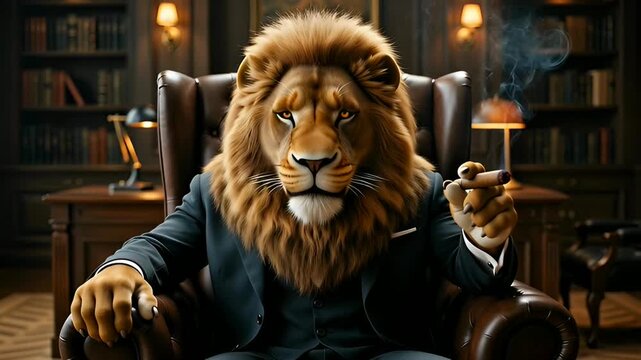 Lion in business suit sitting in leather armchair smoking