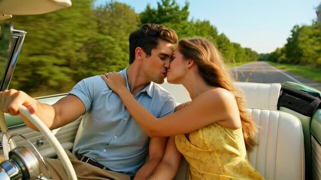Happy young couple enjoying a romantic drive together