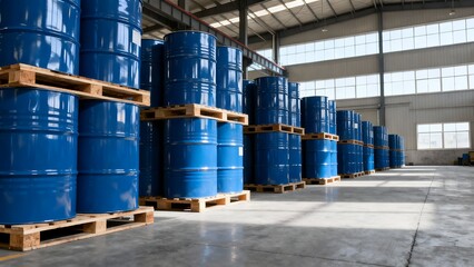 Numerous bright blue industrial storage barrels stacked neatly on wooden pallets inside a large commercial warehouse facility