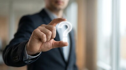 A businessman, out of focus, is holding a glowing white holographic question mark symbol between his thumb and index finger.