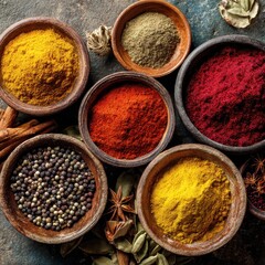 Colorful spice bowls on a table create a vibrant display of textures and ingredients for cooking