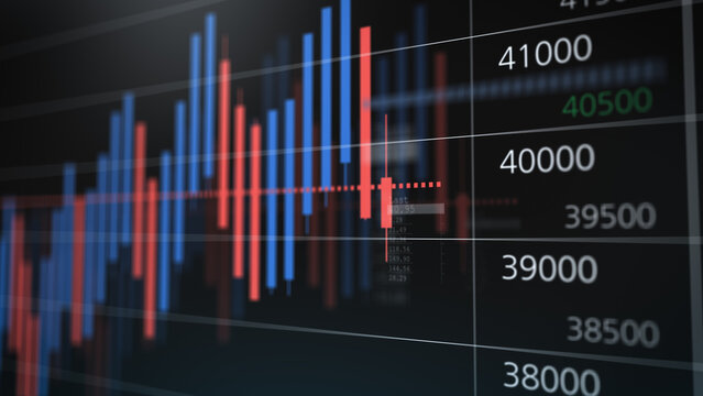 Close-up financial trading chart with red and blue candlesticks, showing market volatility, price movement, investment risk, and real-time stock exchange analysis.