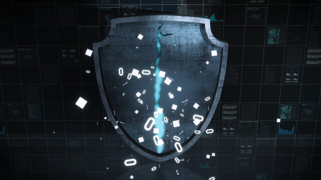 Futuristic cybersecurity shield cracking under digital attack, with glowing data fragments and code symbols, representing data breach, hacking threats and network security failure.