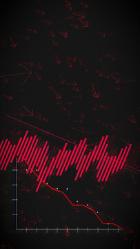 Red financial market graph with downward trend, falling indicators and negative arrows, visualizing stock market crash, economic decline and bearish trading sentiment.