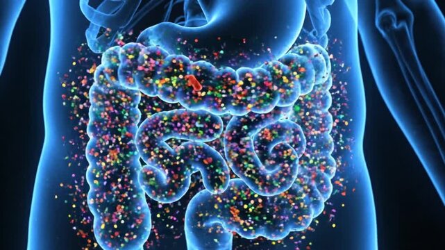 Glowing human digestive system with vibrant colorful gut bacteria