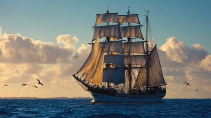 Obraz premium Silhouette of a classic sailing vessel on the open sea beneath a sunlit sky