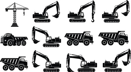 Black silhouette construction vehicle set featuring heavy machinery icons like excavators dump trucks and industrial cranes for building site engineering design © Hafiza