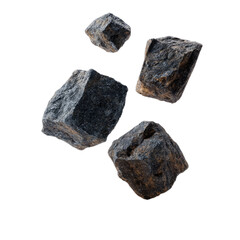 Four dark, textured rocks suspended against a black background