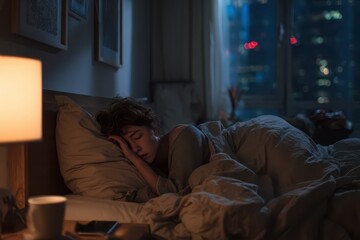 Naklejka premium Sleepless night: tired woman in a dim bedroom covers ears with a pillow, overwhelmed by late-night noise