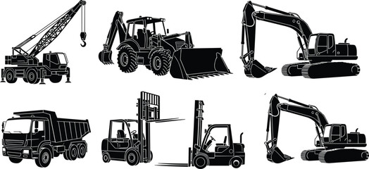 Black Construction Vehicles Vector Set Including Excavator Crane Dump Truck Backhoe Forklift Silhouettes Isolated on White Background for Industrial Design Projects © Hafiza