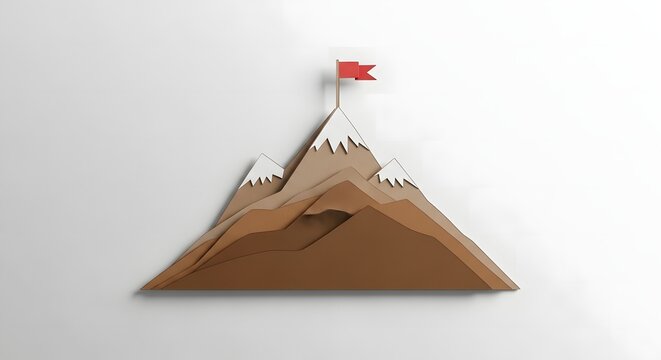 Climbing towards success with a red flag marking the summit of a paper mountain range