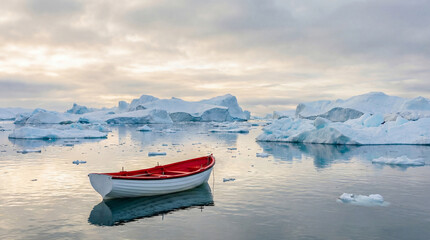 Small life boat sailing among icebergs in Greenland ocean, Arctic beautiful landscape