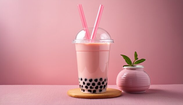 pastel pink bubble tea on minimalistic background
