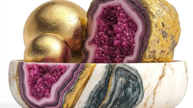 Decorative gemstone geode with golden spheres and marble bowl