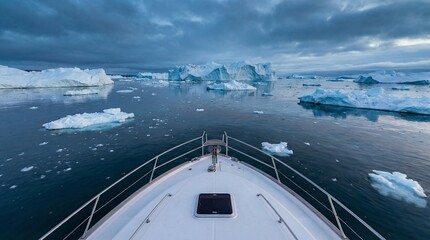 Boat sailing among icebergs in Greenland ocean, Arctic landscape