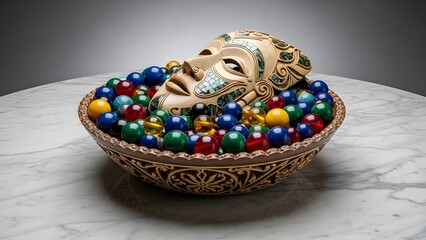 A decorative bowl filled with colorful beads and a mask on a marble table