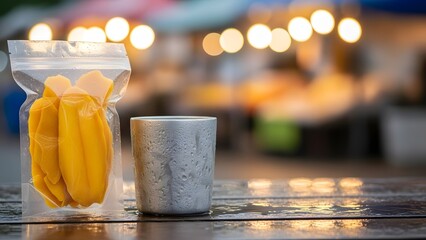 A bag of mango slices and a gray cup on a wet table