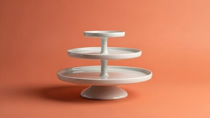 A white three-tiered serving dish on a peach-colored background