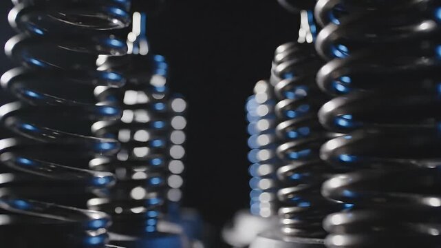 Close-up view of industrial metal springs in a dark environment with blue lights