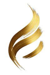 Elegant golden brushstrokes form a swirling, abstract flame shape on black