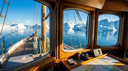 Sailing Boat  among icebergs in Greenland ocean, Arctic landscape, view from inside capitan cabin