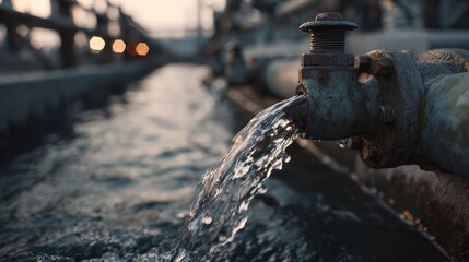 Water flowing from an industrial pipe into a channel, close-up shot