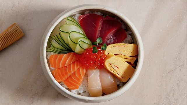 Minimalist overhead shot of chirashi sushi bowl, neatly arranged sashimi slices on a bed of rice, chopsticks resting on the rim.