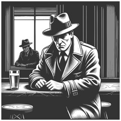 solitary man in a fedora sitting at a bar, with a mysterious figure silhouetted in the window sketch engraving generative ai vector illustration. Scratch board imitation. Black and white image.