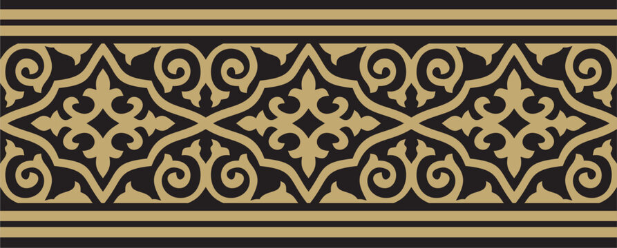 Kazakh national endless gold and black ornament. Ethnic pattern. Border reflecting nomadic culture. Suitable for design and textiles.