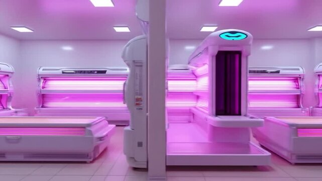 Modern solarium with ultraviolet light beds in bright interior space