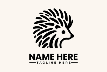 Black and white vector illustration of a hedgehog logo with a tagline on a beige background, featuring a stylized animal face with quills and a placeholder text for a company name and © vectorvovdesign
