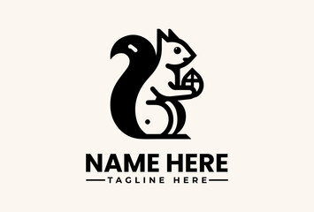 A simple black and white illustration of a squirrel logo holding a nut, with placeholder text for a name and tagline on a beige background.