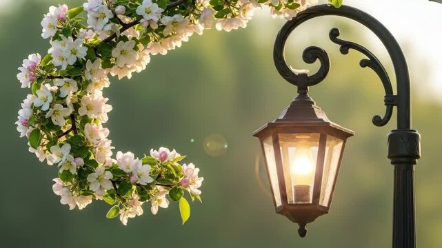 Blooming tree branch with white and pink flowers near vintage street lamp post in spring park for nature and light concept
