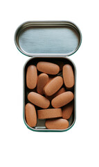 Oval, tan pills fill an open, silver, oblong container, aerial view, dark bg