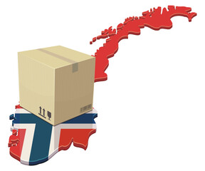 3D map of Norway with a cardboard parcel box, symbolizing national shipping, international trade, supply chain logistics and retail distribution, isolated (cut out)