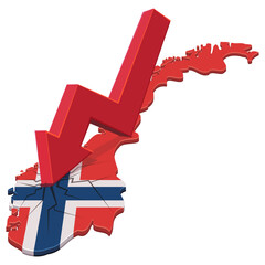 3D map of Norway with a downward red arrow and cracked surface, symbolizing economic decline, stock market crash, and financial recession, isolated (cut out)