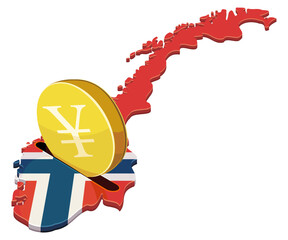 3D map of Norway as a piggy bank with a gold Yen or Yuan coin, representing Asian trade relations, financial savings, and global investment, isolated (cut out)