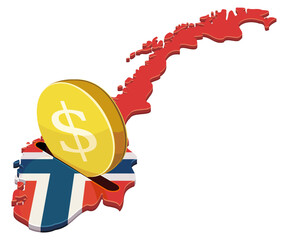 3D map of Norway as a piggy bank with a gold dollar coin, symbolizing national economy, financial savings, and northern investment wealth, isolated (cut out)