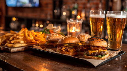 Obraz na płótnie Canvas Gourmet mini burgers with fries and craft beer